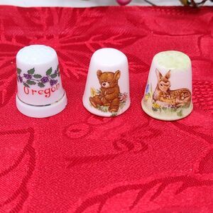 3 Baby Bunny Rabbit Deer Oregon Thimble Fine Bone China Made England Mayflower